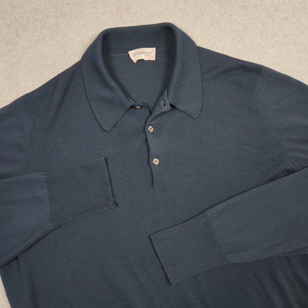 John Smedley Polo Mens 2XL Blue Sweater Collared Merino Wool Made in England